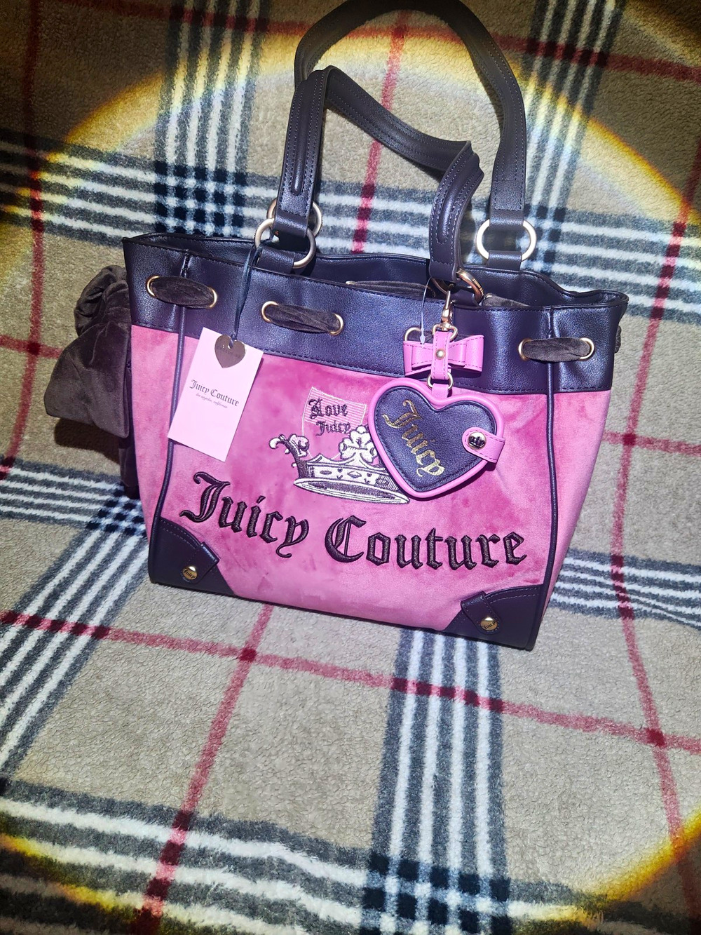 Juicy Couture Juicy Crown Tote Pink Black Velvet Vinyl Drawstring Heart Charm